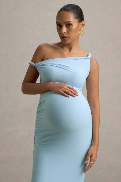 Powder Blue Twisted Asymmetric Maternity Maxi Dress