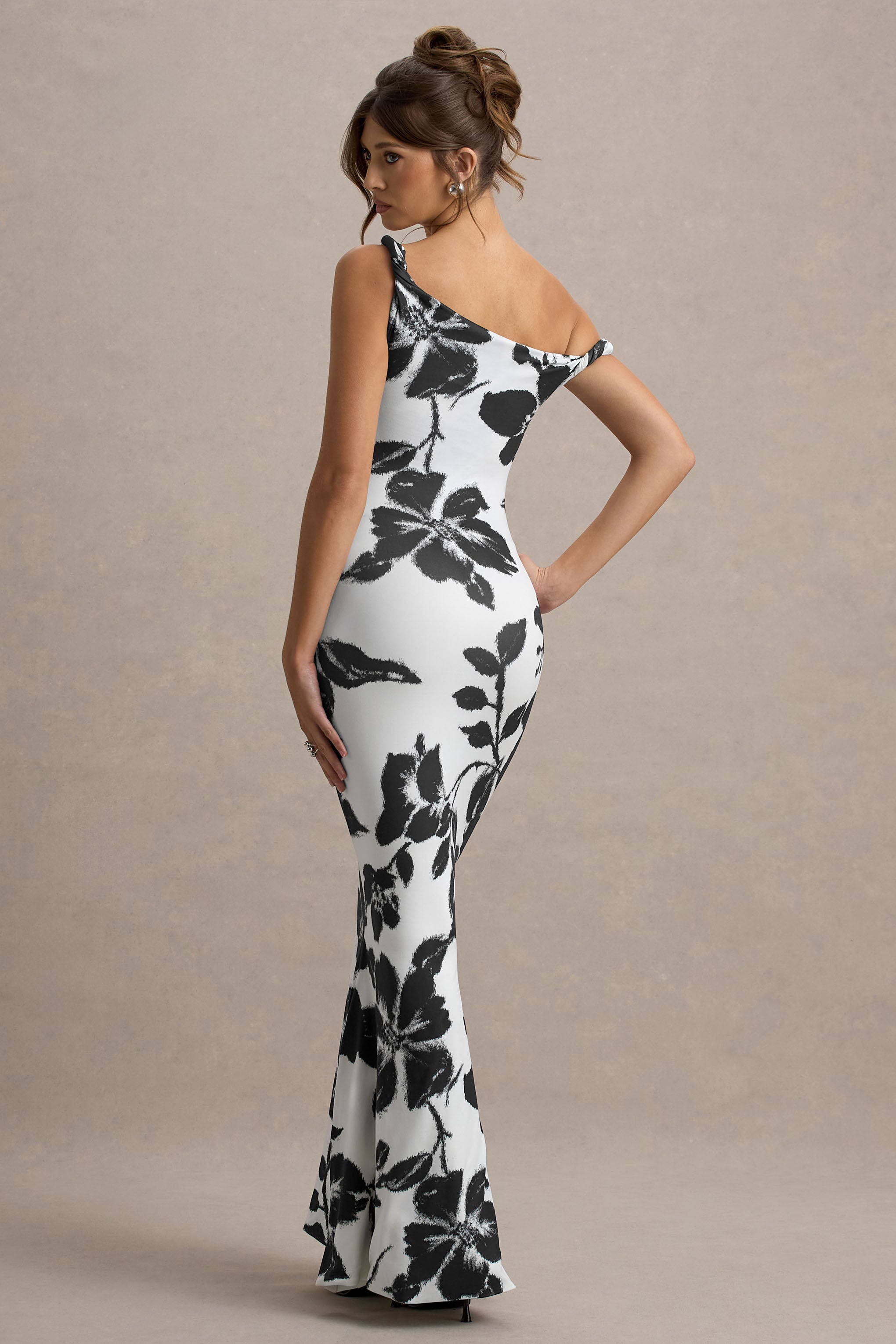 Monochrome Floral Print Twisted Asymmetric Maxi Dress
