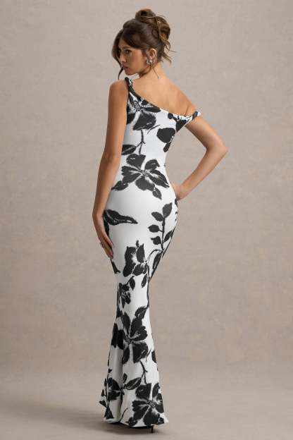 Monochrome Floral Print Twisted Asymmetric Maxi Dress