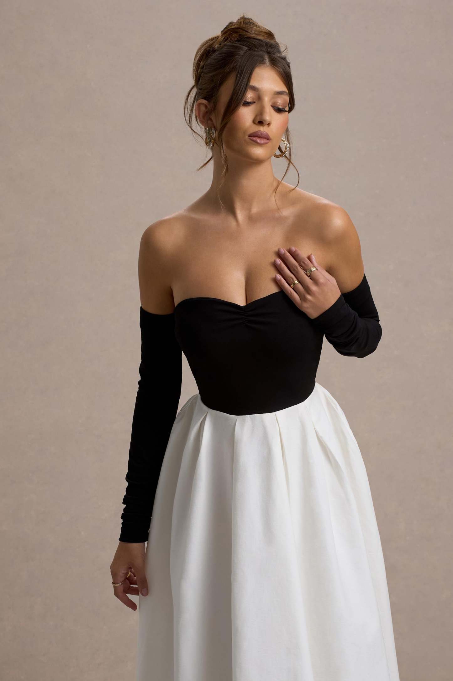 Solada Black & Cream Bardot Pleated Maxi Dress