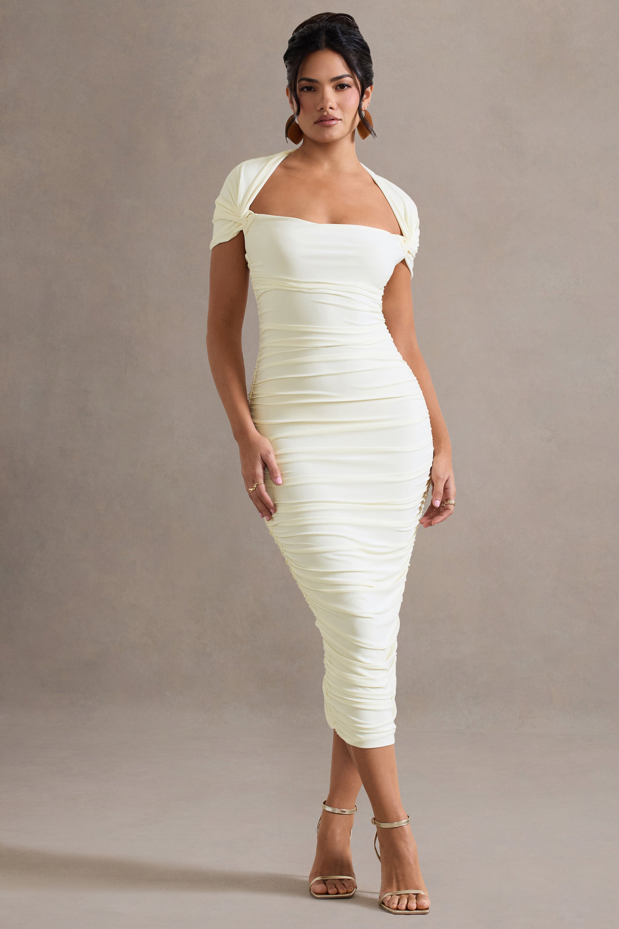 Ecru Ruched Short-Sleeve Midi Dress