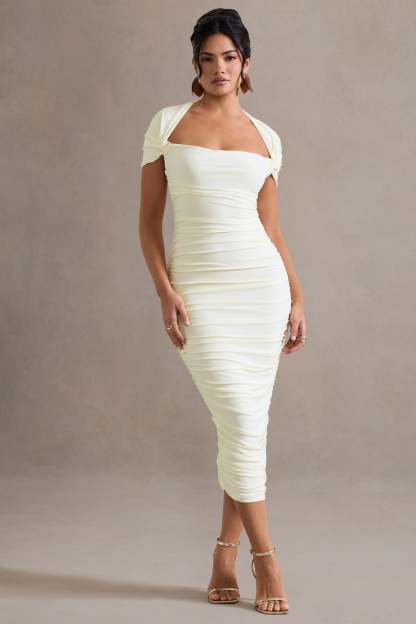Ecru Ruched Short-Sleeve Midi Dress