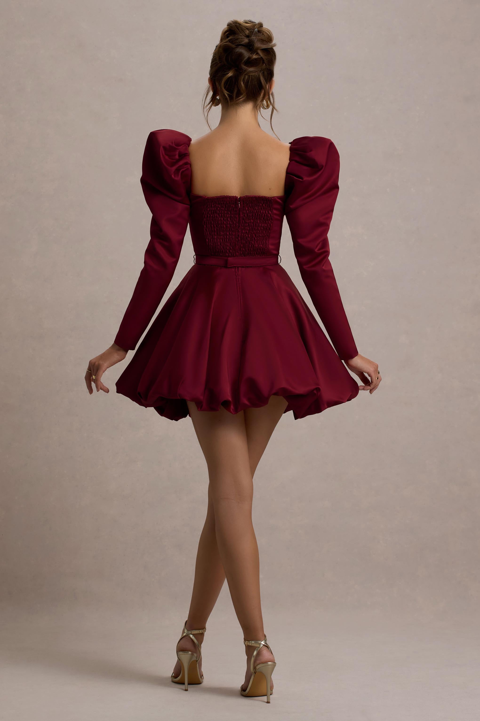 Murphy Burgundy Satin Belted Mini Dress With Puff Sleeves