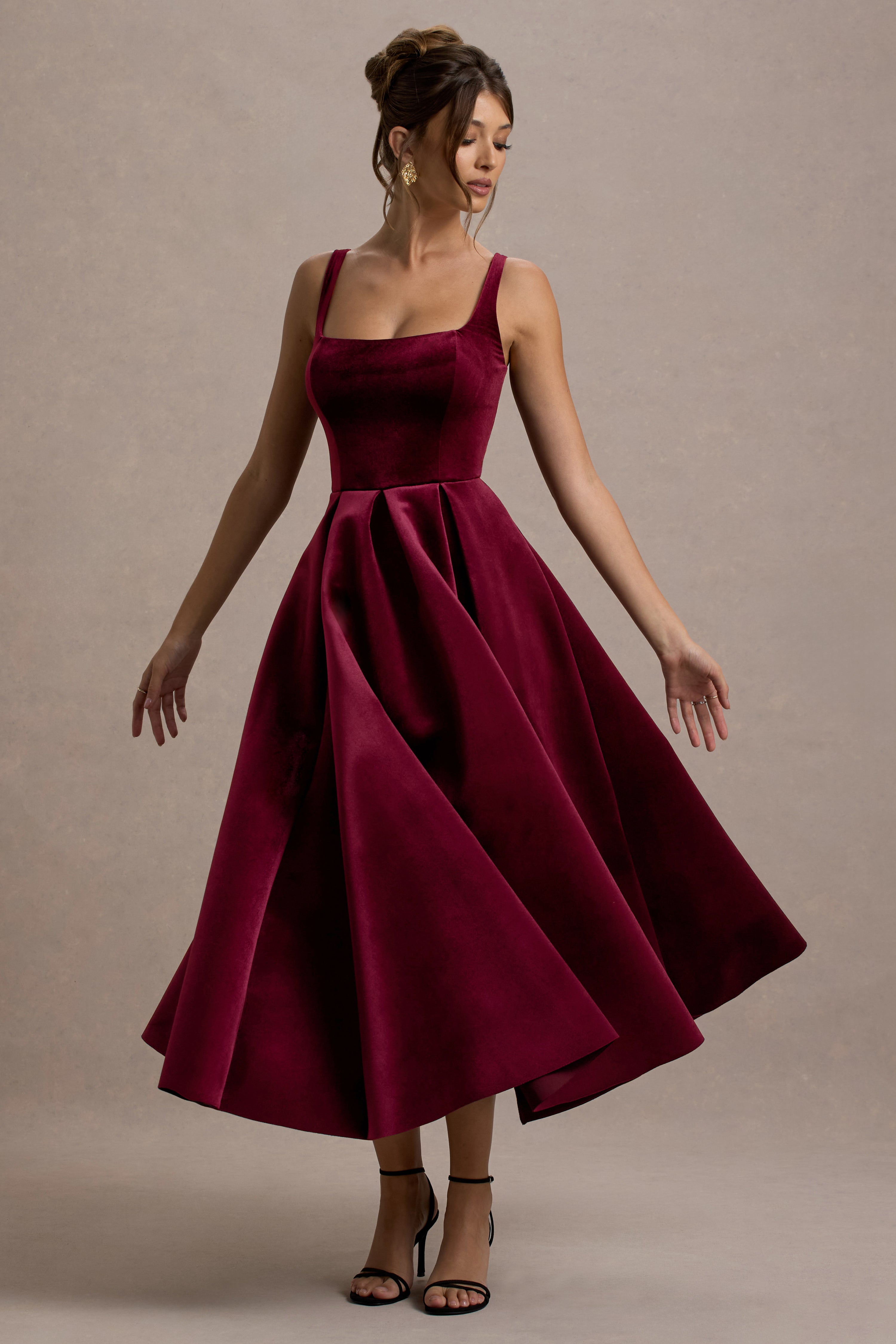 Berry Velvet Strappy Volume-Hem Midi Dress