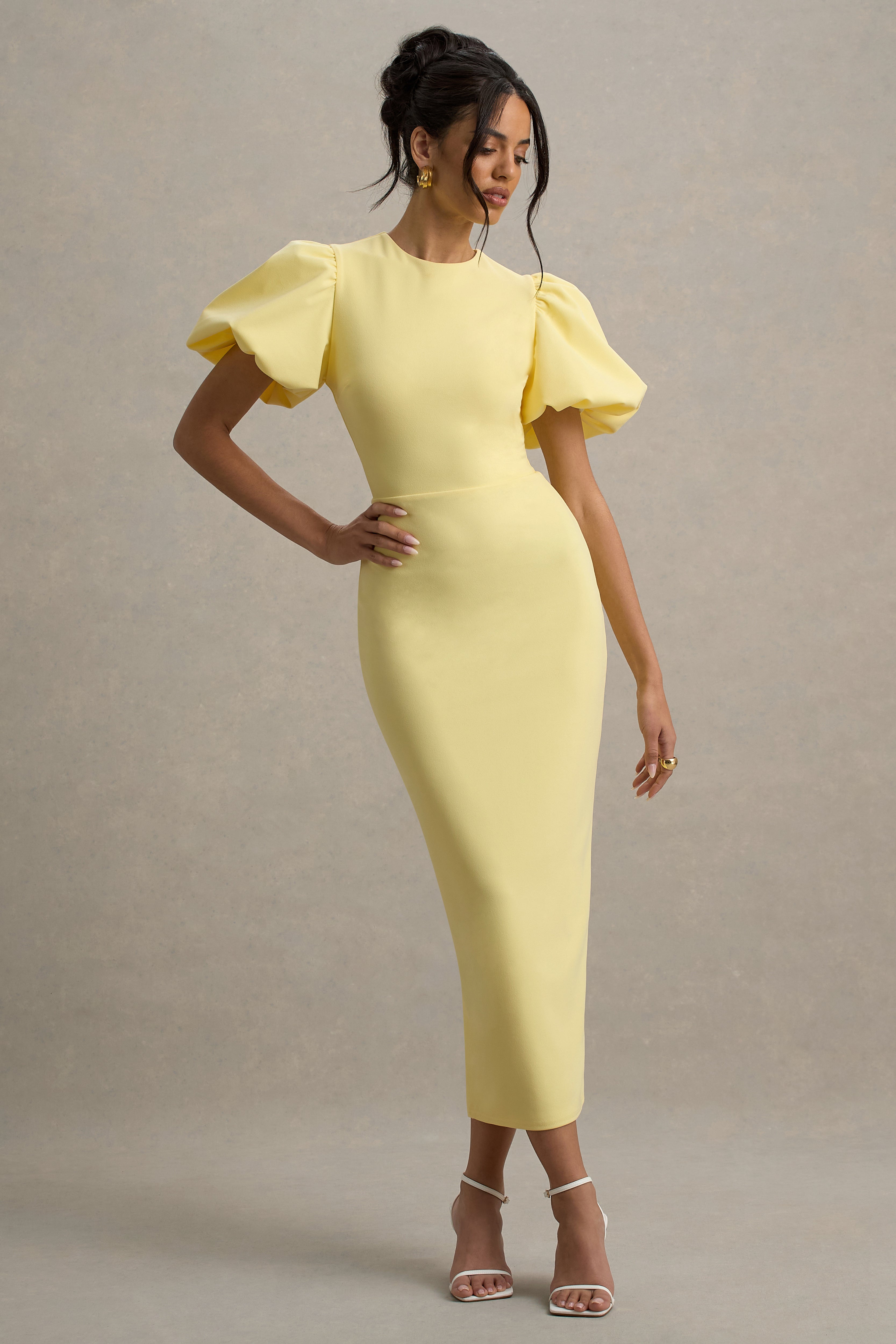 Lemon Puff-Sleeve Midi Dress