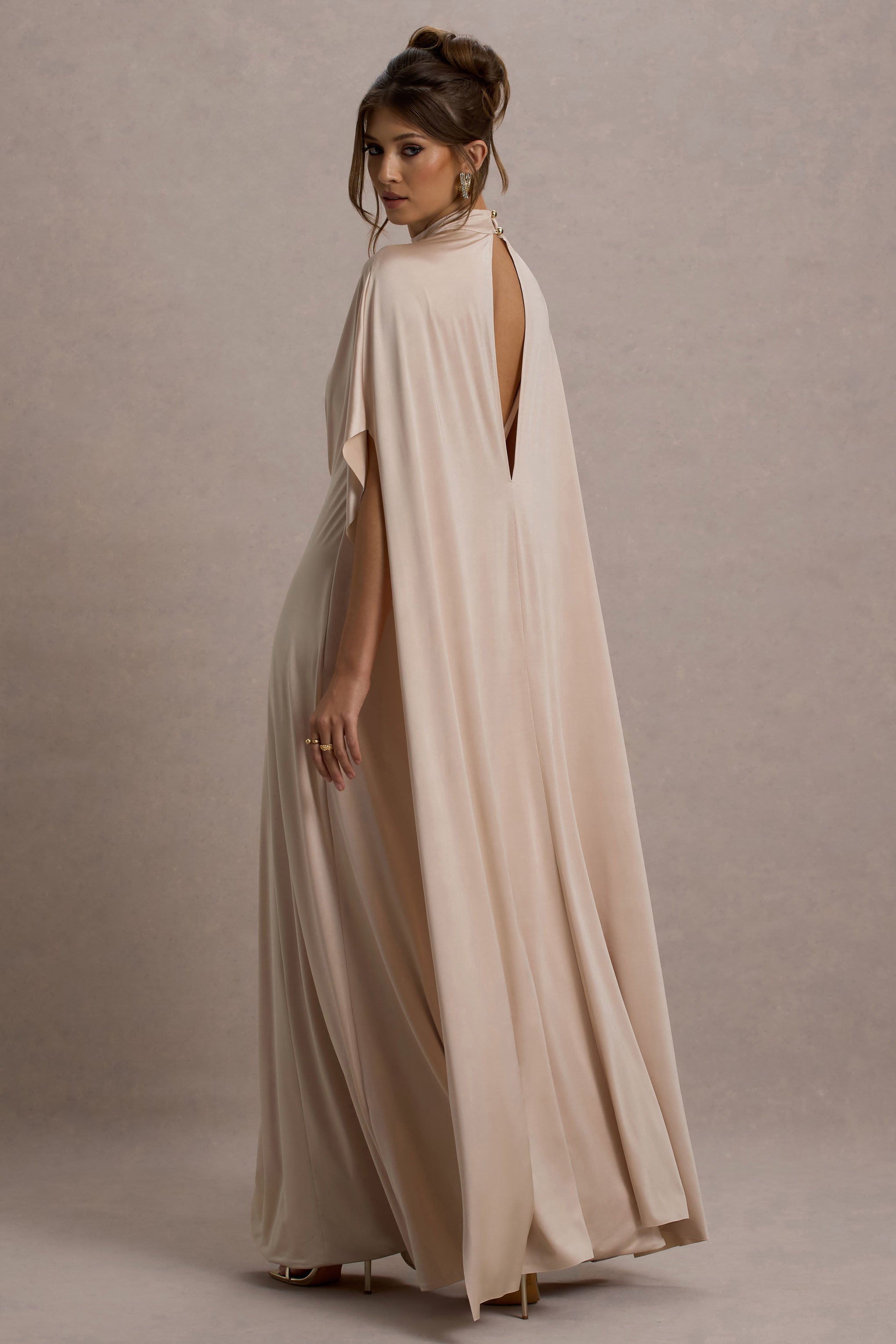 Olessia Champagne Belted Gathered Cape-Sleeve Maxi Dress