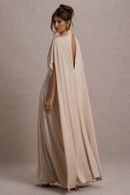 Olessia Champagne Belted Gathered Cape-Sleeve Maxi Dress
