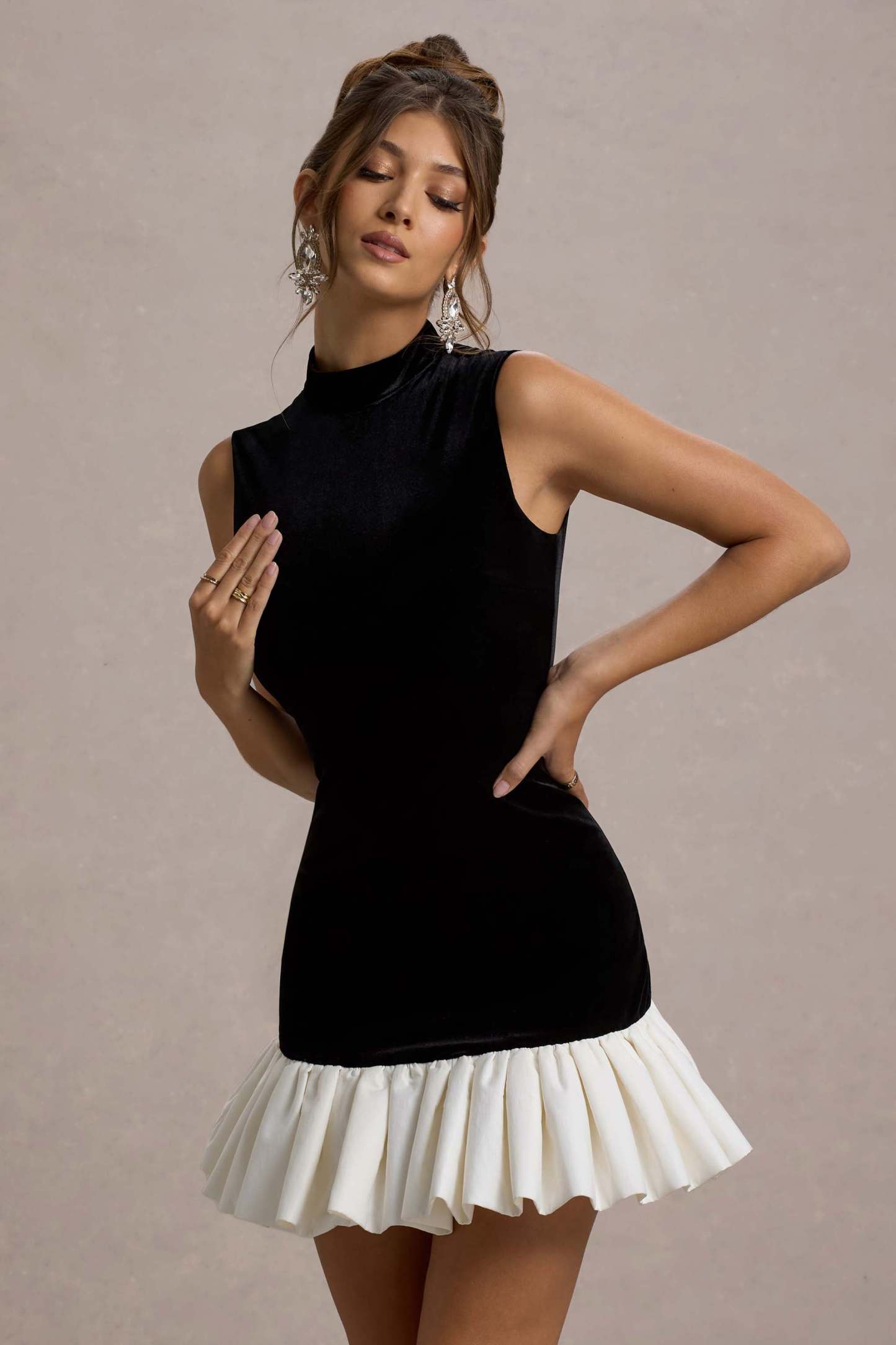 Baxter Black & White Velvet Mini Dress With Satin Ruffle Trim