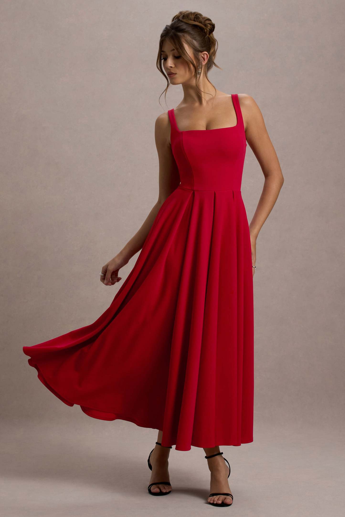 Red Strappy Volume-Hem Midi Dress
