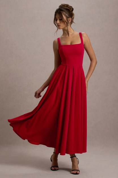 Red Strappy Volume-Hem Midi Dress