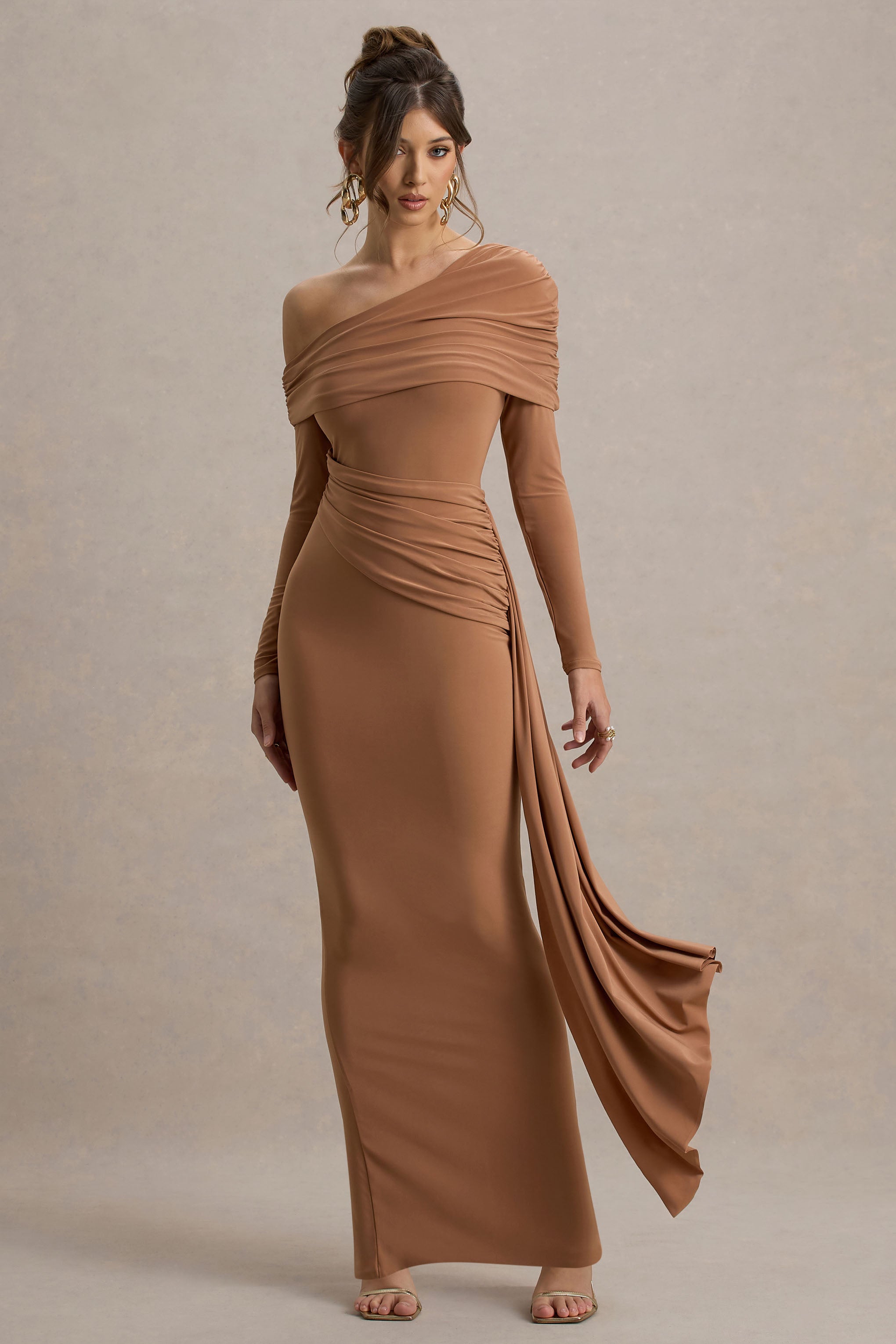 Brown Ruched Asymmetric Maxi Dress With Drape