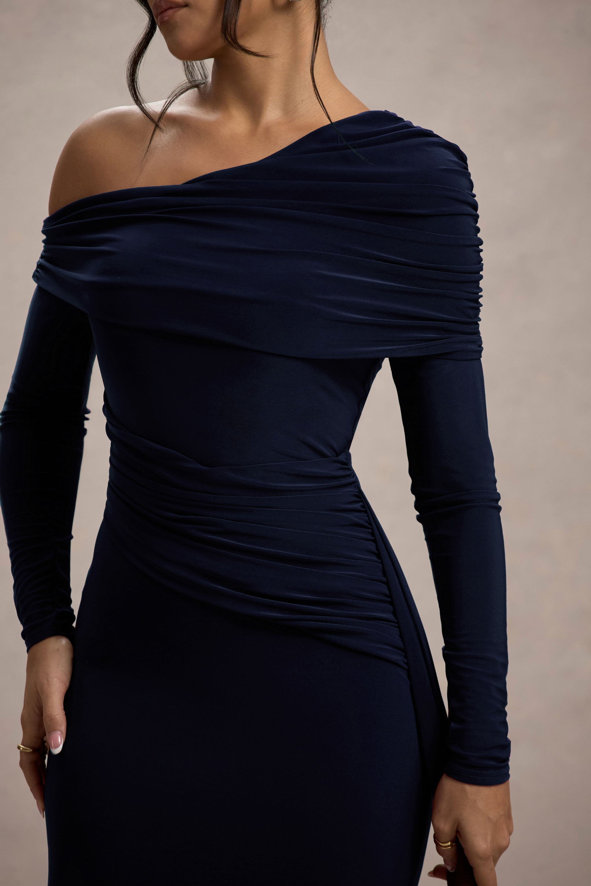 Navy Ruched Asymmetric Maxi Dress With Drape