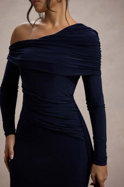 Navy Ruched Asymmetric Maxi Dress With Drape