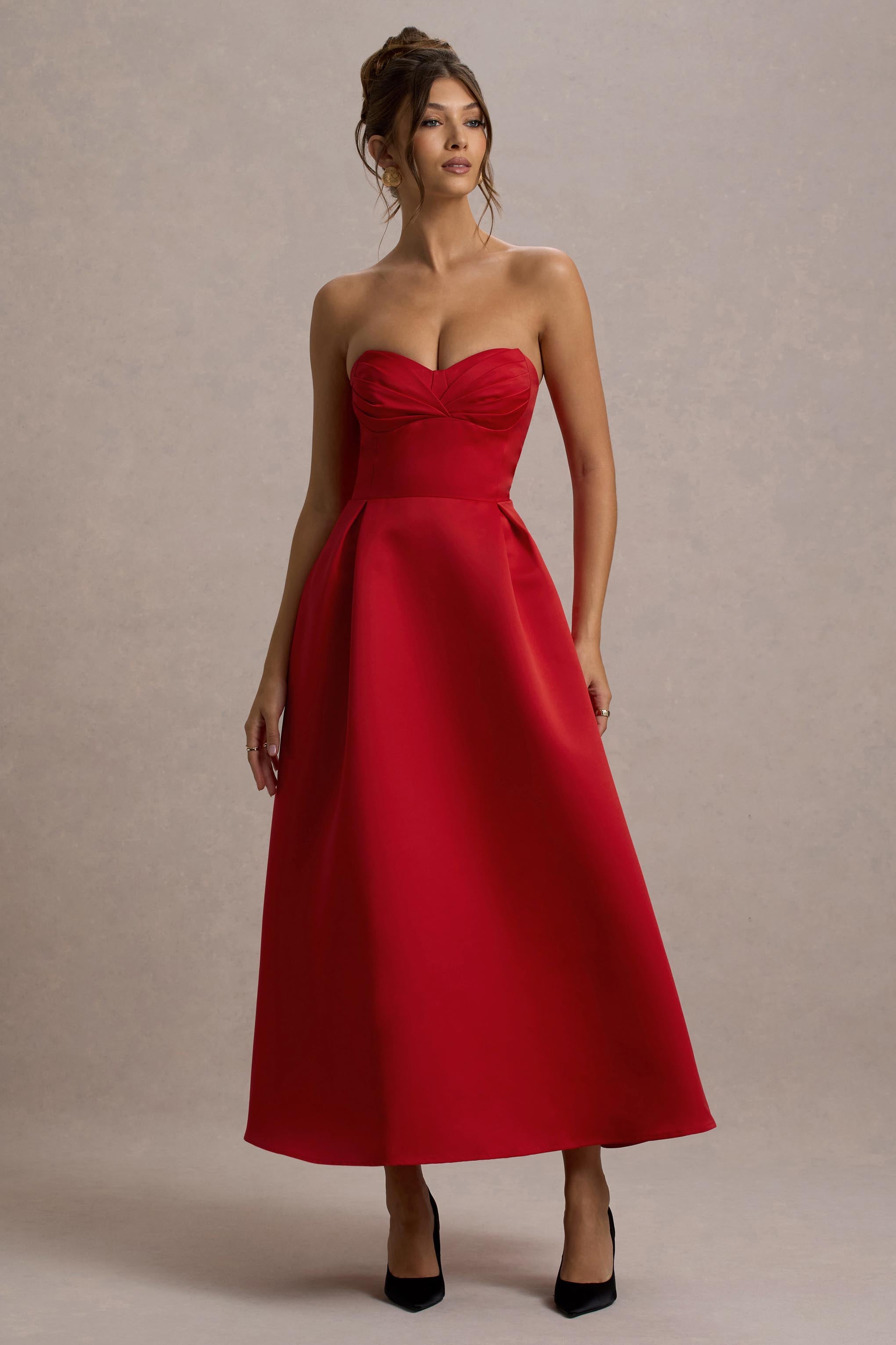 Wintour Red Satin Sweetheart Midi Dress