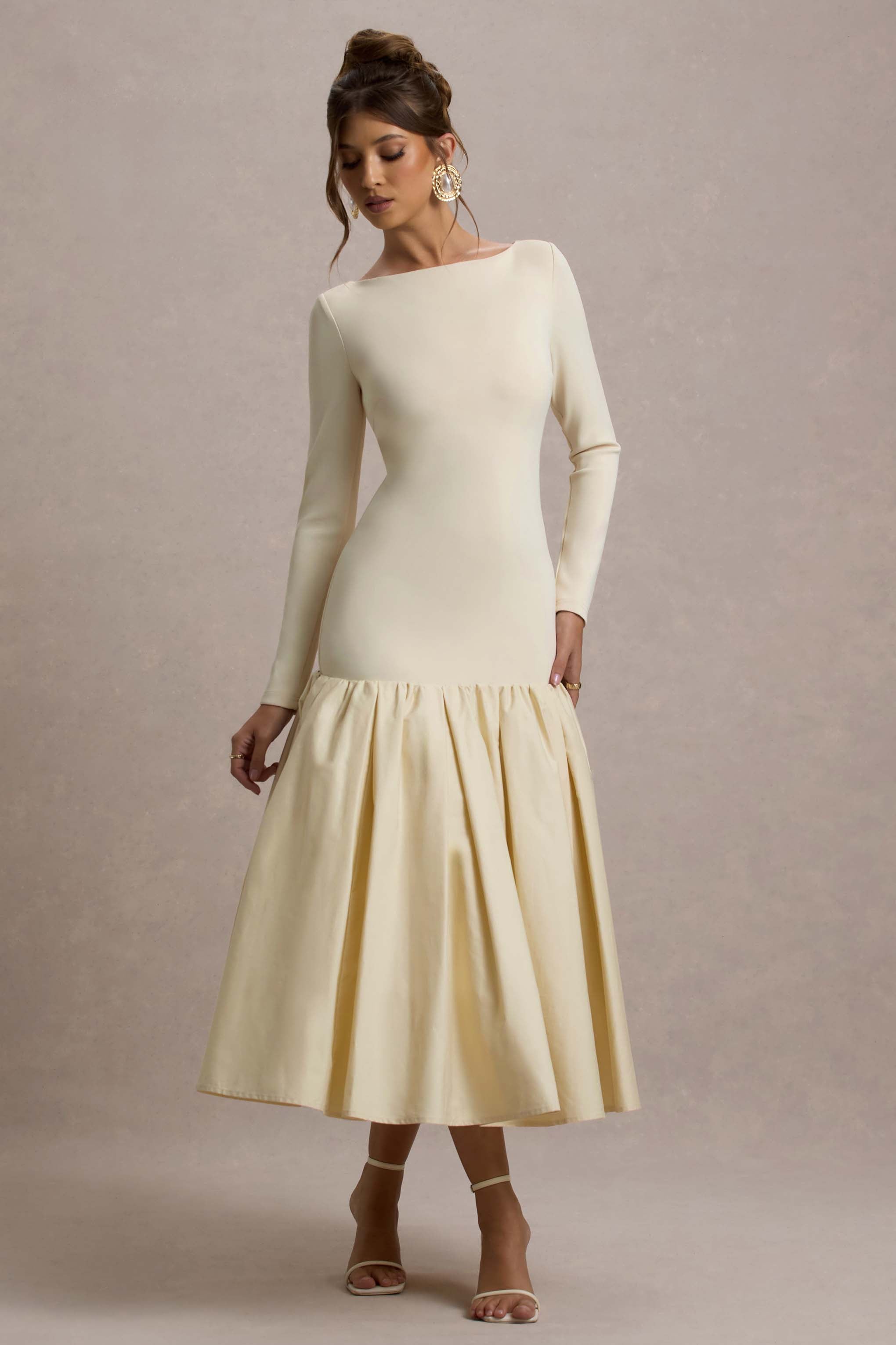 Perpetua Cream Drop-Waist Midi Dress With Volume Skirt