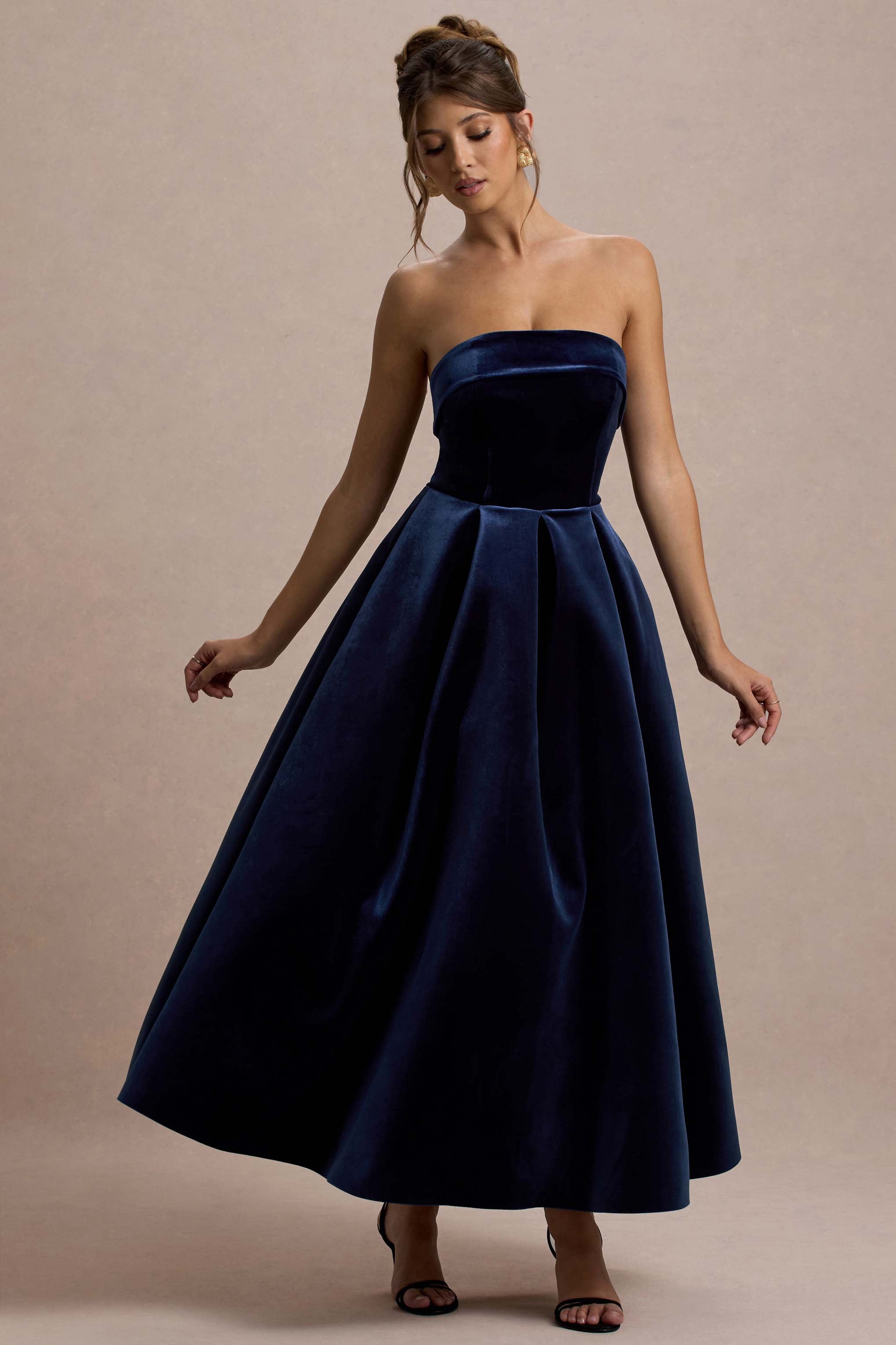 Addina Navy Velvet Bandeau Skater Midi Dress