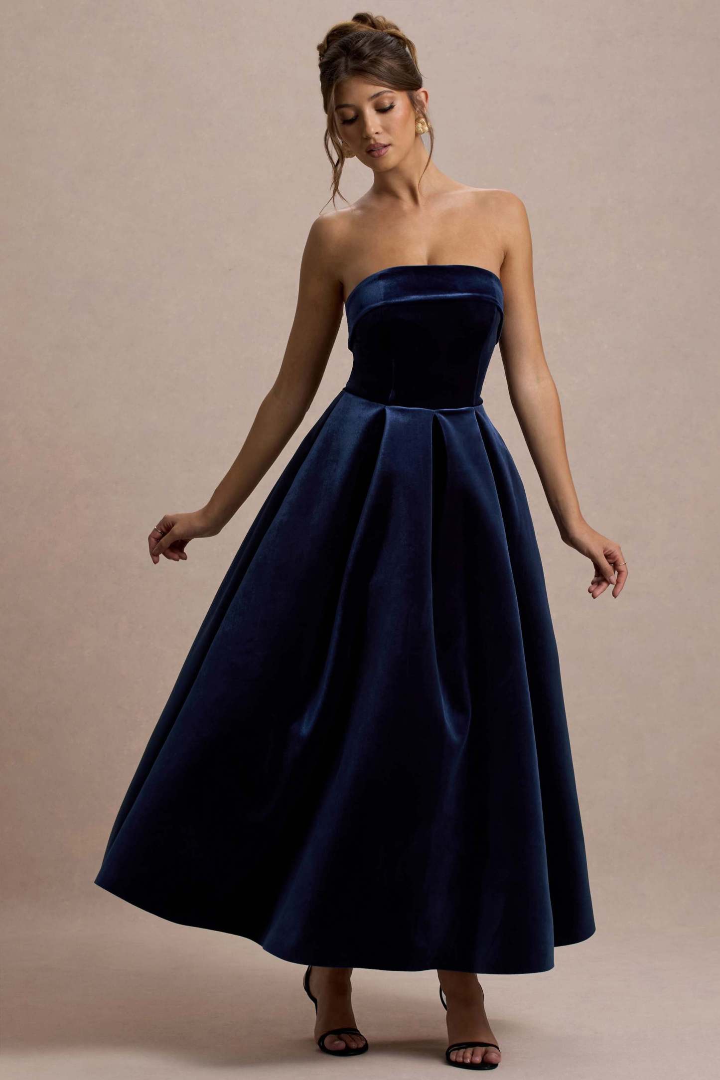 Addina Navy Velvet Bandeau Skater Midi Dress