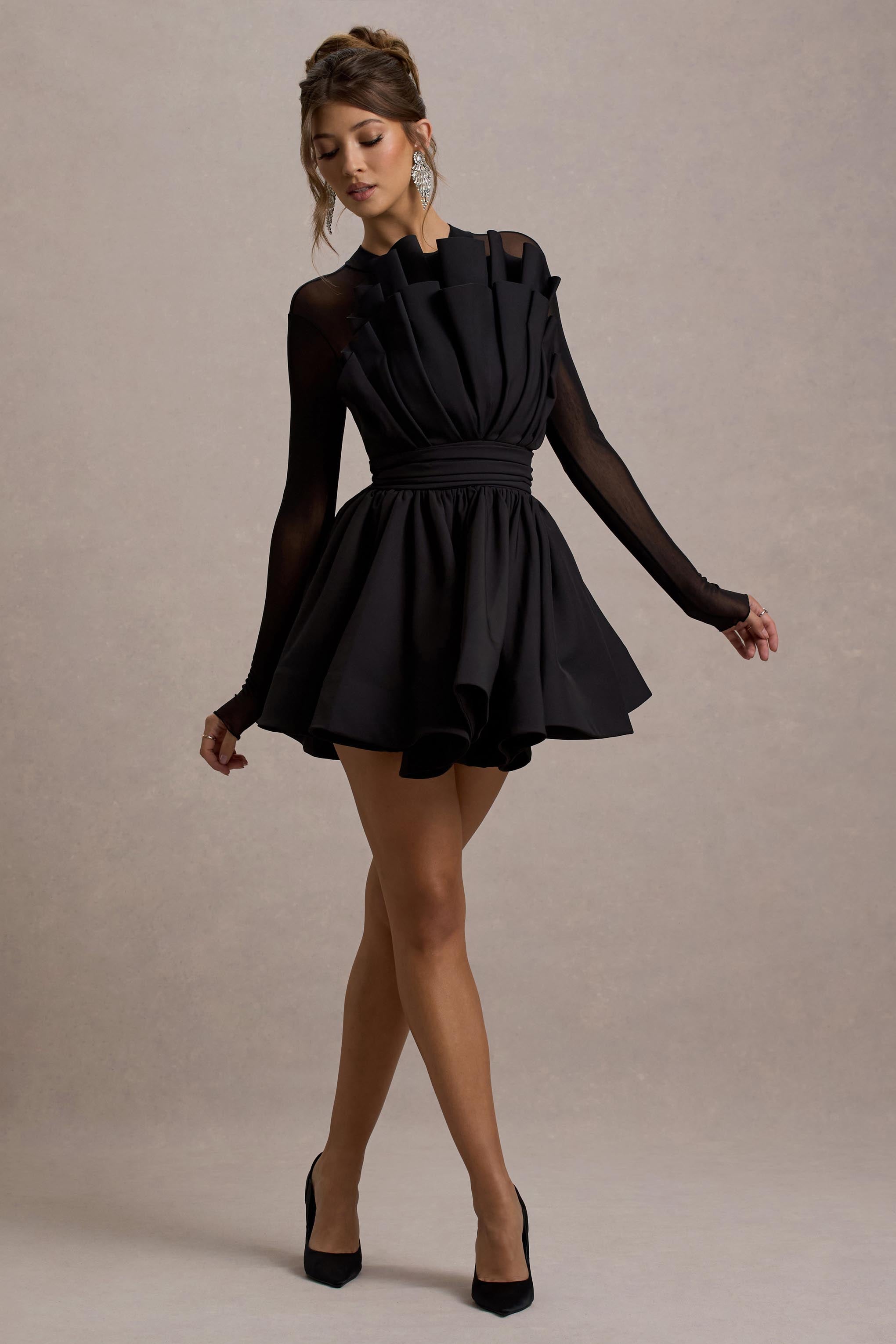 Jeri Black Mesh Long-Sleeve Ruffled Mini Dress