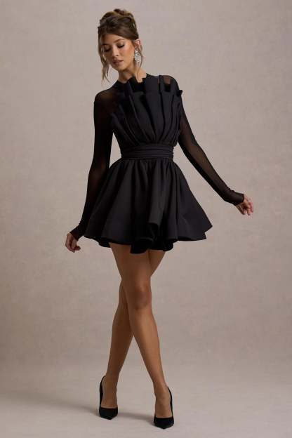 Jeri Black Mesh Long-Sleeve Ruffled Mini Dress