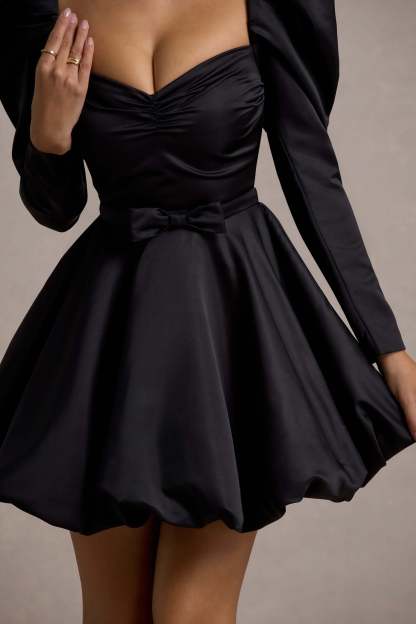 Murphy Black Satin Belted Mini Dress With Puff Sleeves