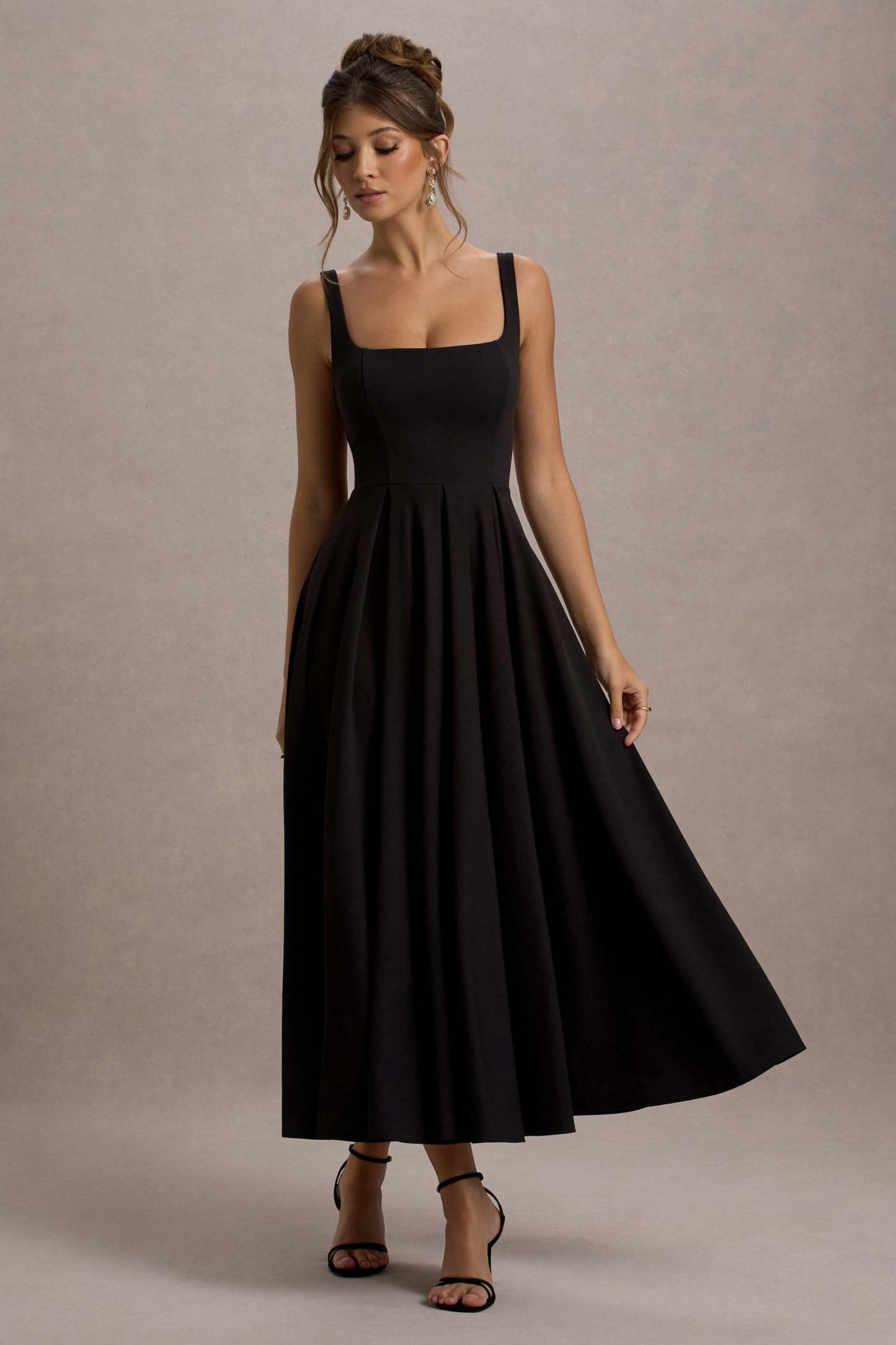 Black Strappy Volume-Hem Midi Dress