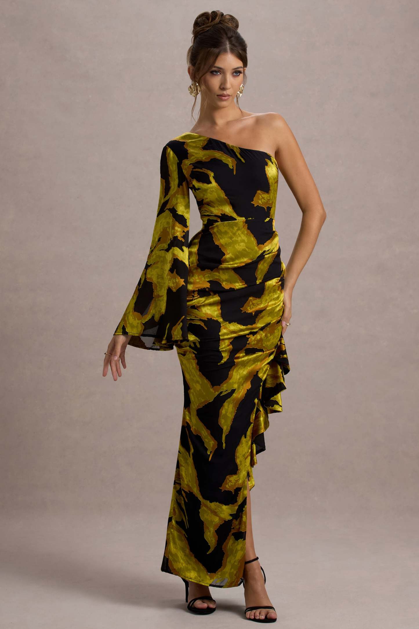 Mustard Print Satin Jacquard One Sleeve Ruffled Split Maxi Dress