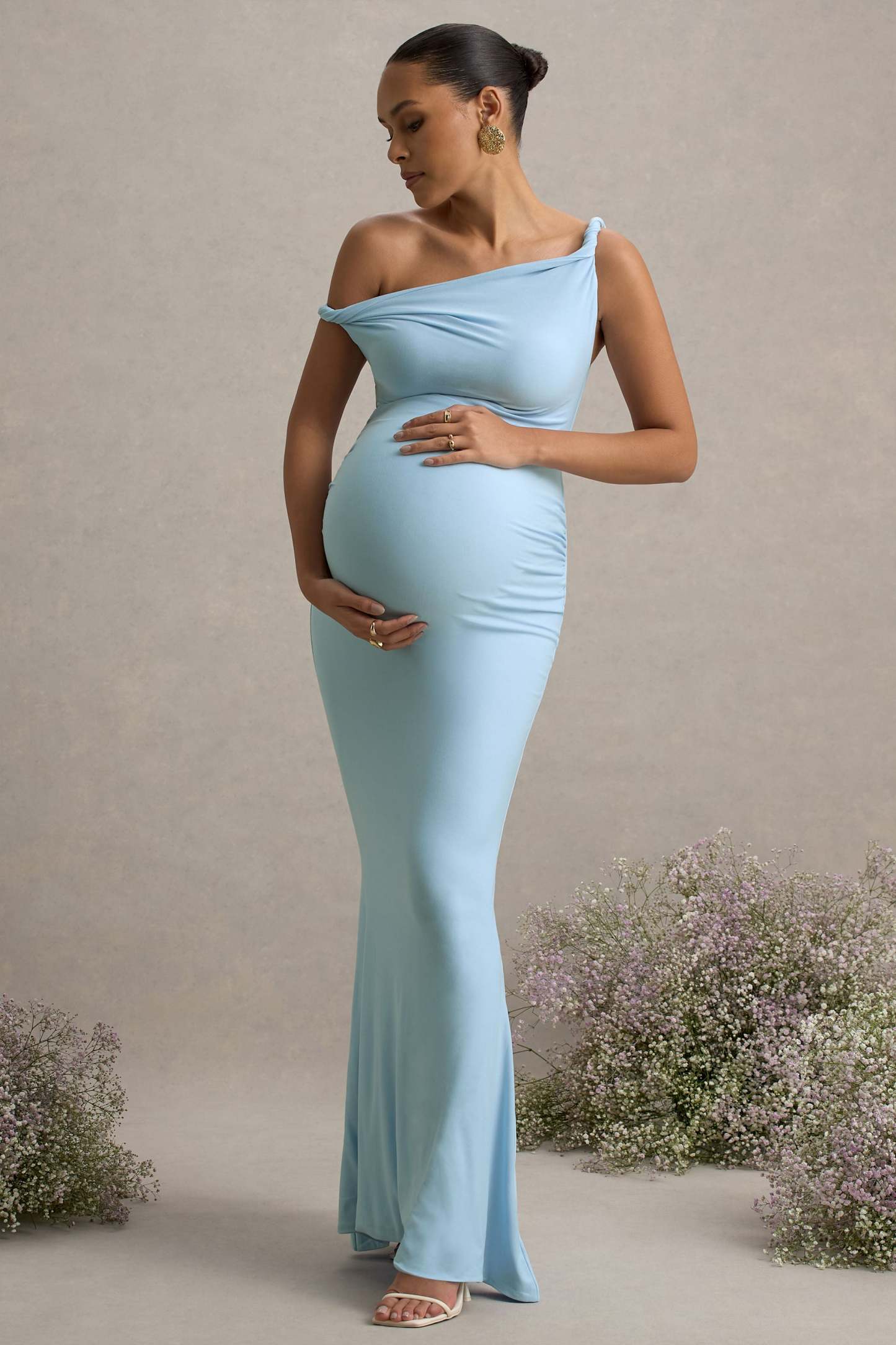 Powder Blue Twisted Asymmetric Maternity Maxi Dress
