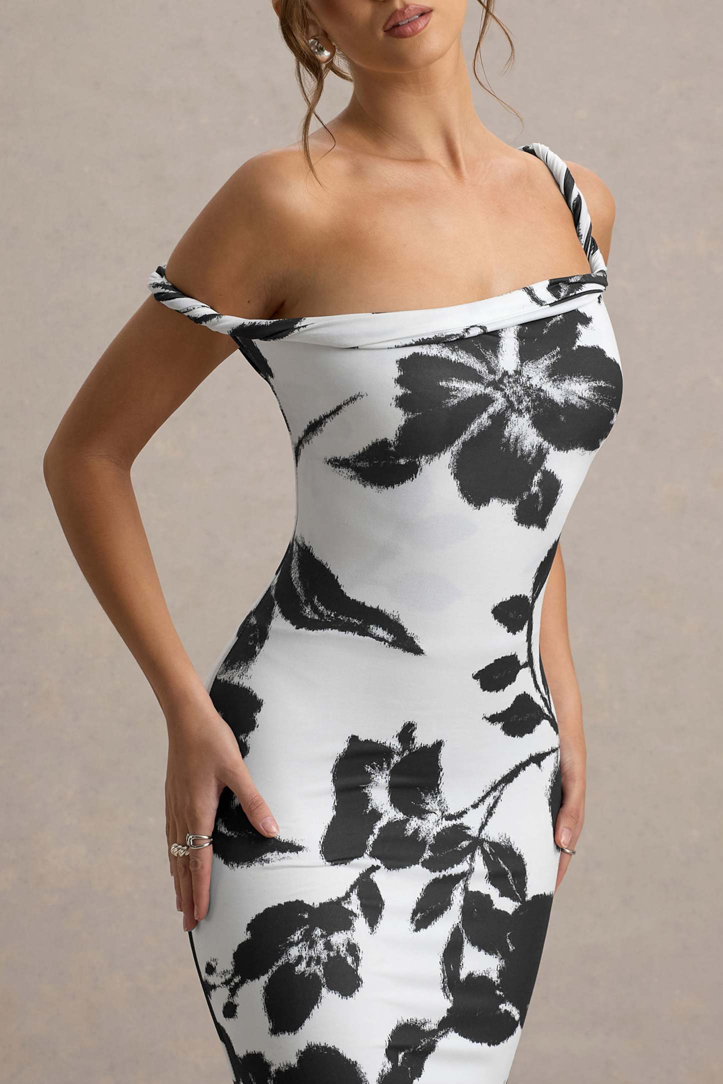 Monochrome Floral Print Twisted Asymmetric Maxi Dress