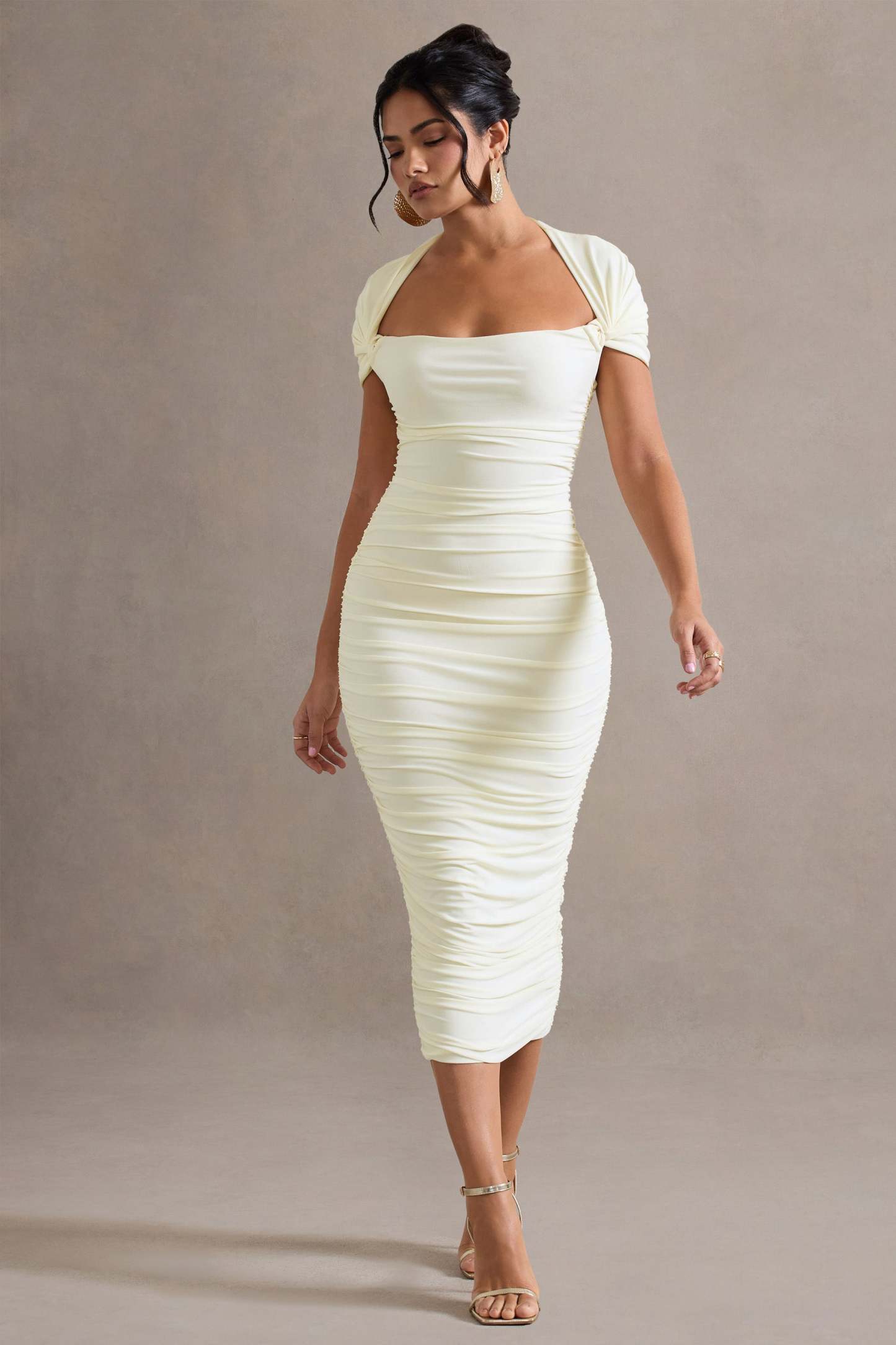 Ecru Ruched Short-Sleeve Midi Dress