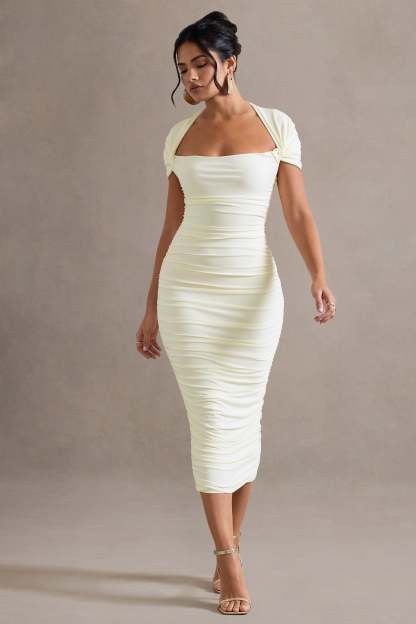 Ecru Ruched Short-Sleeve Midi Dress