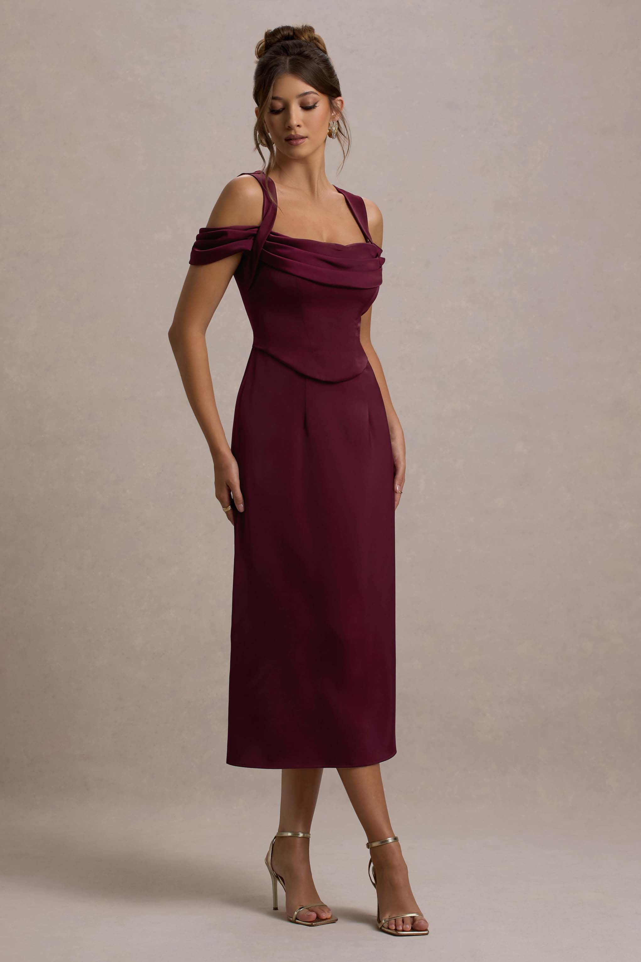 Sawyer Wine Satin Draped Midi Dress