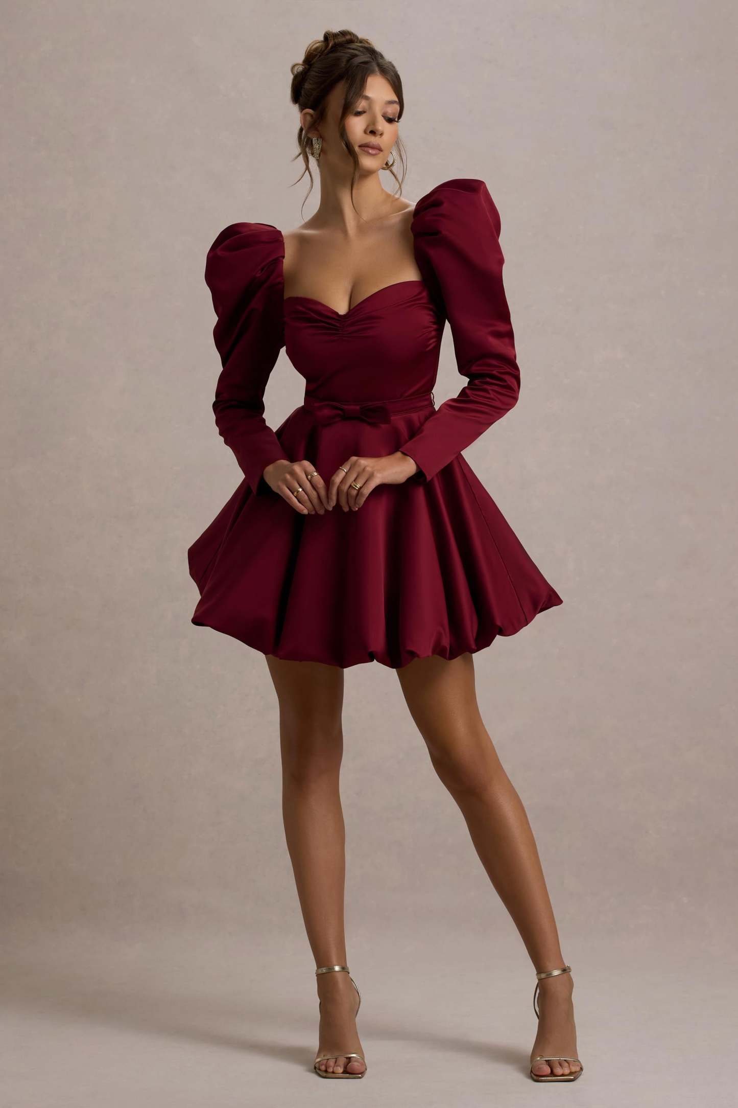 Murphy Burgundy Satin Belted Mini Dress With Puff Sleeves