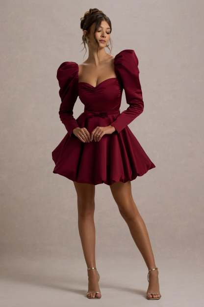 Murphy Burgundy Satin Belted Mini Dress With Puff Sleeves