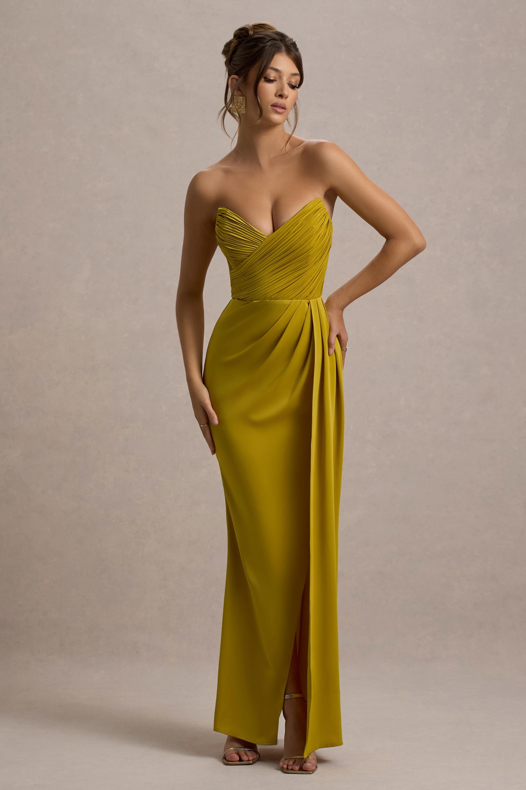 Edel Mustard Satin Strapless Maxi Dress With Drape