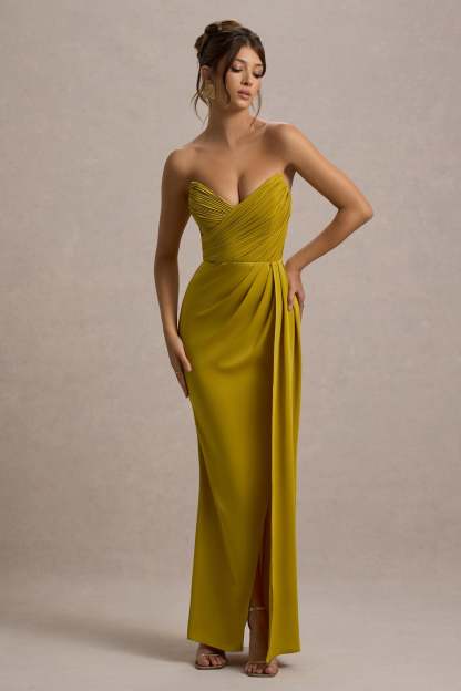 Edel Mustard Satin Strapless Maxi Dress With Drape