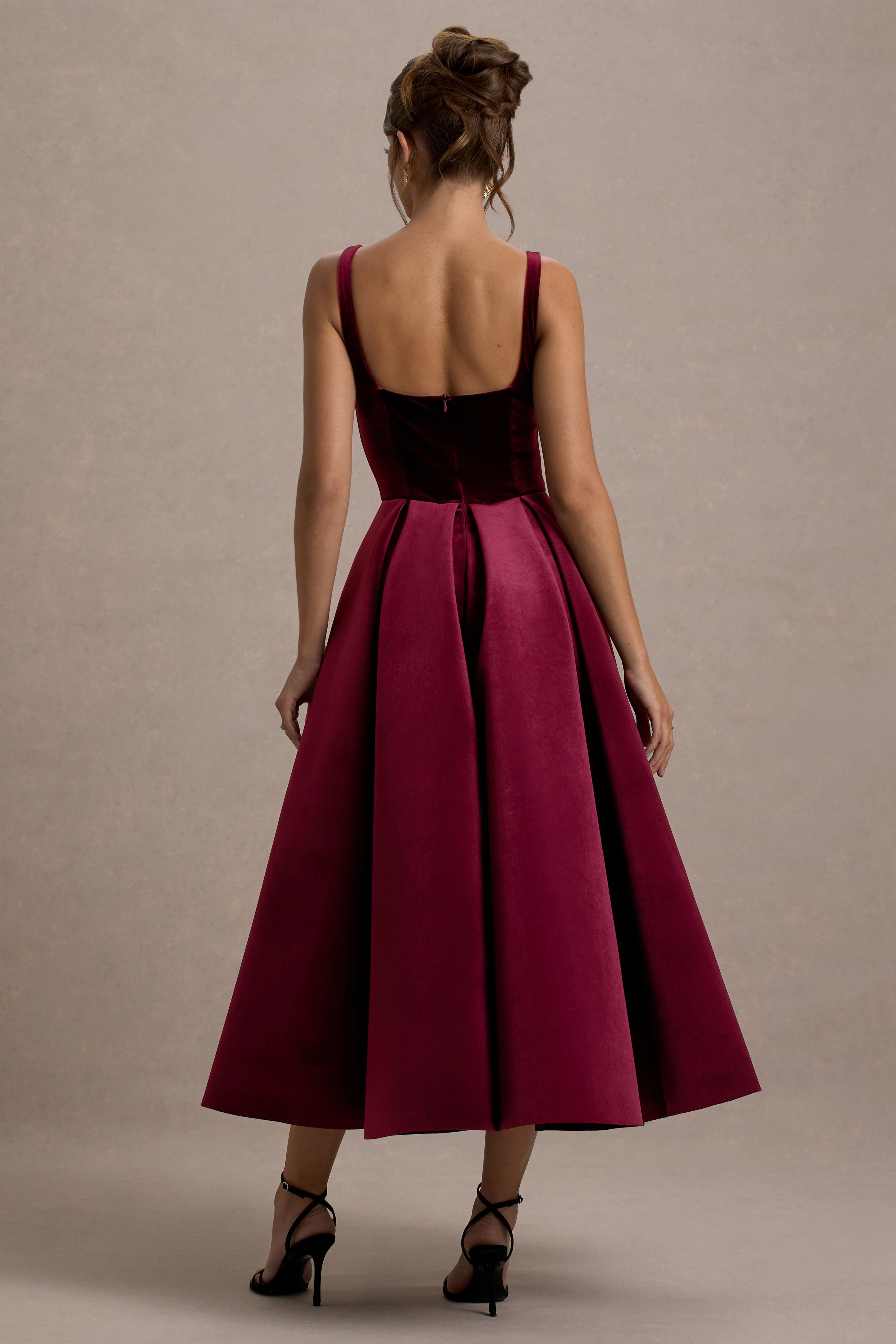 Berry Velvet Strappy Volume-Hem Midi Dress
