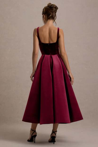 Berry Velvet Strappy Volume-Hem Midi Dress