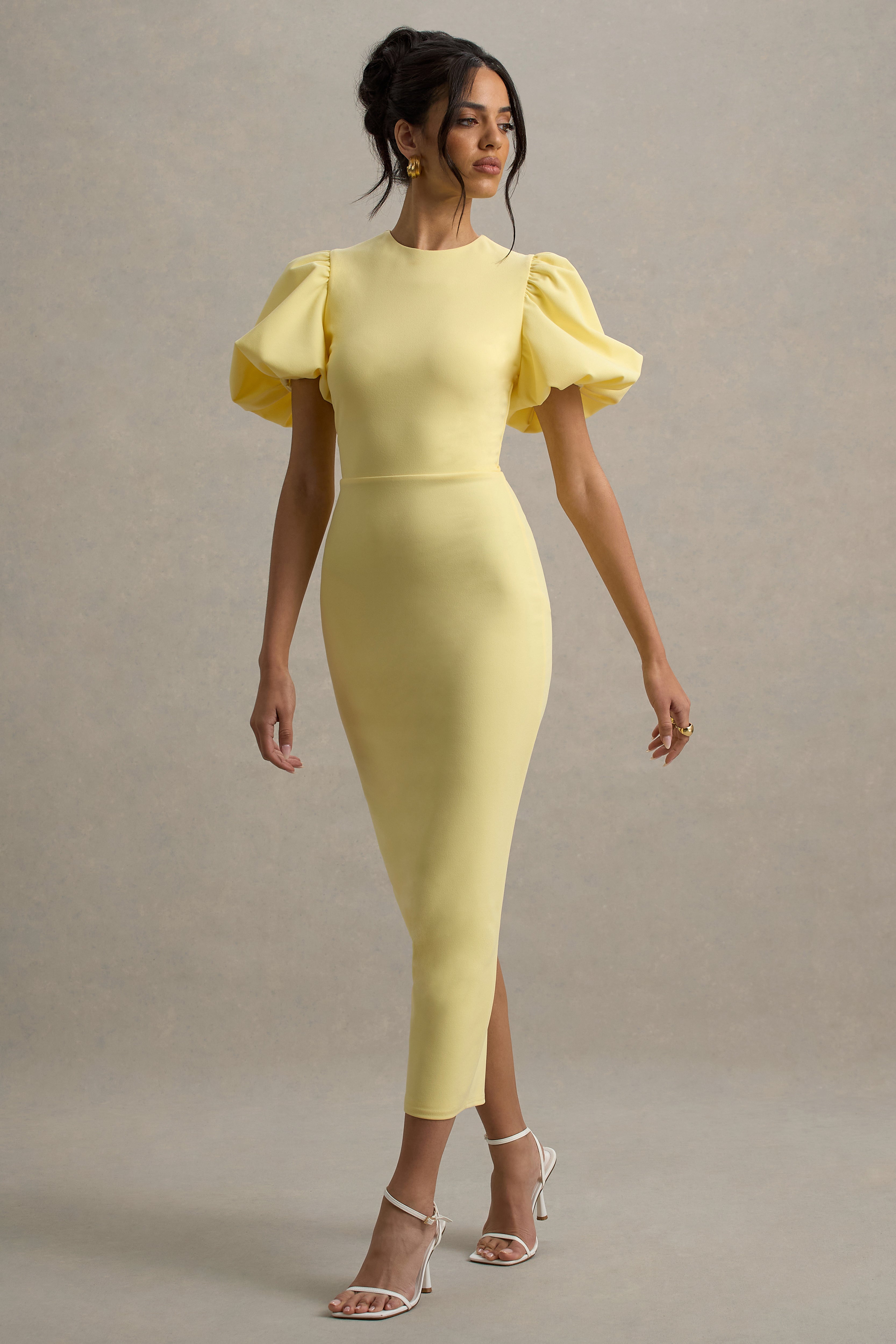 Lemon Puff-Sleeve Midi Dress