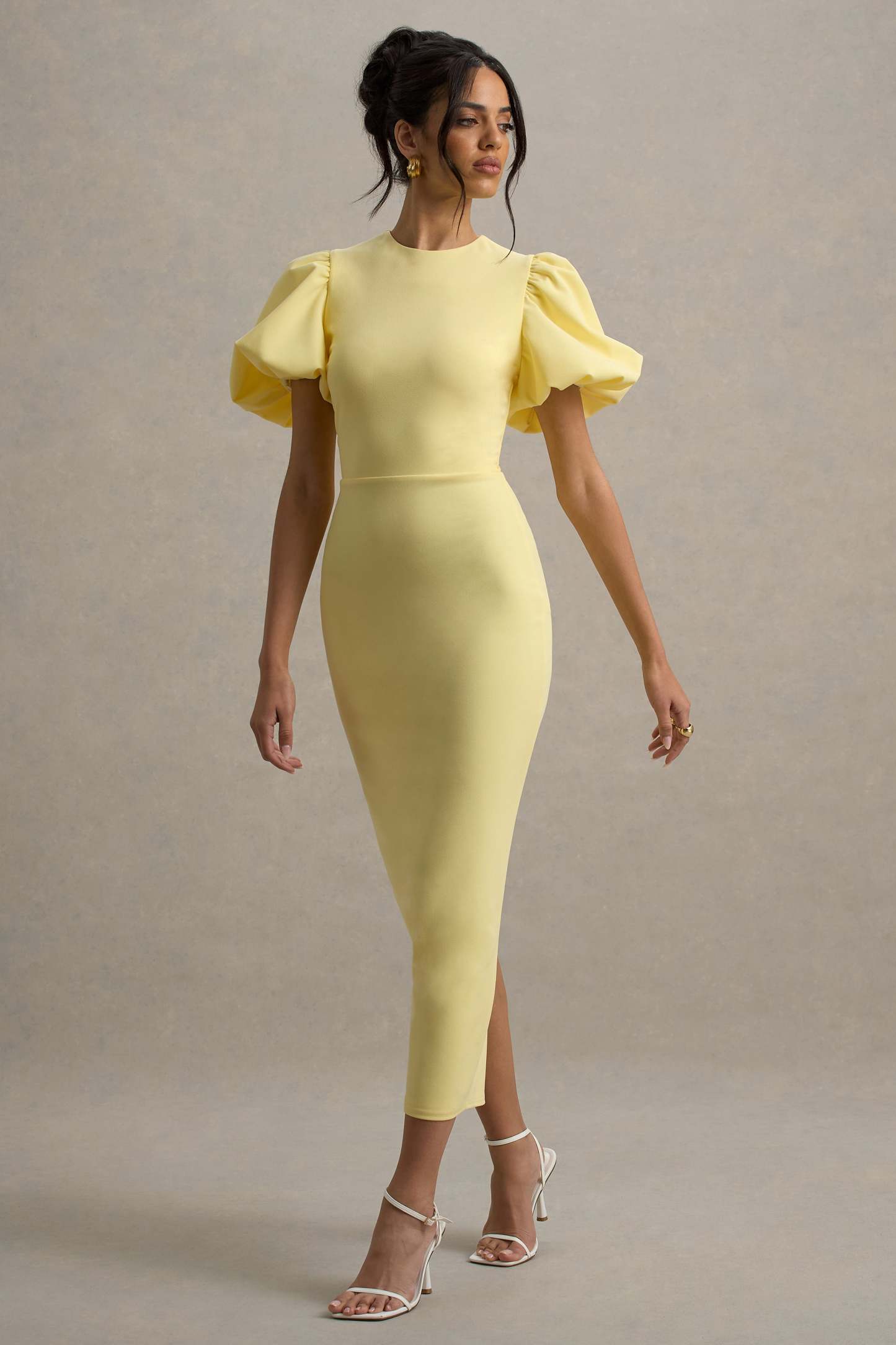 Lemon Puff-Sleeve Midi Dress