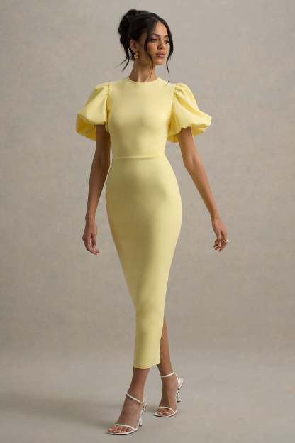 Lemon Puff-Sleeve Midi Dress
