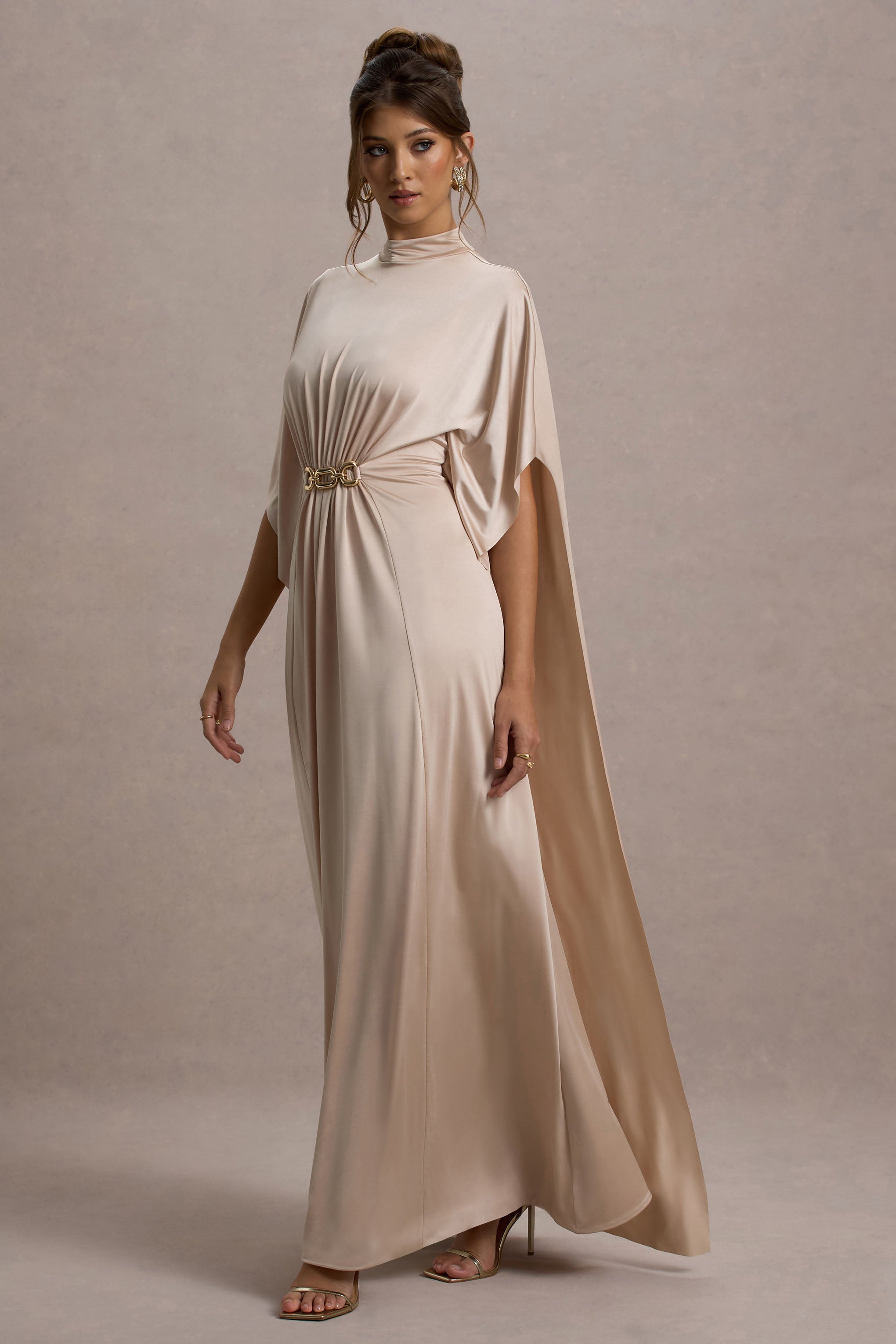Olessia Champagne Belted Gathered Cape-Sleeve Maxi Dress