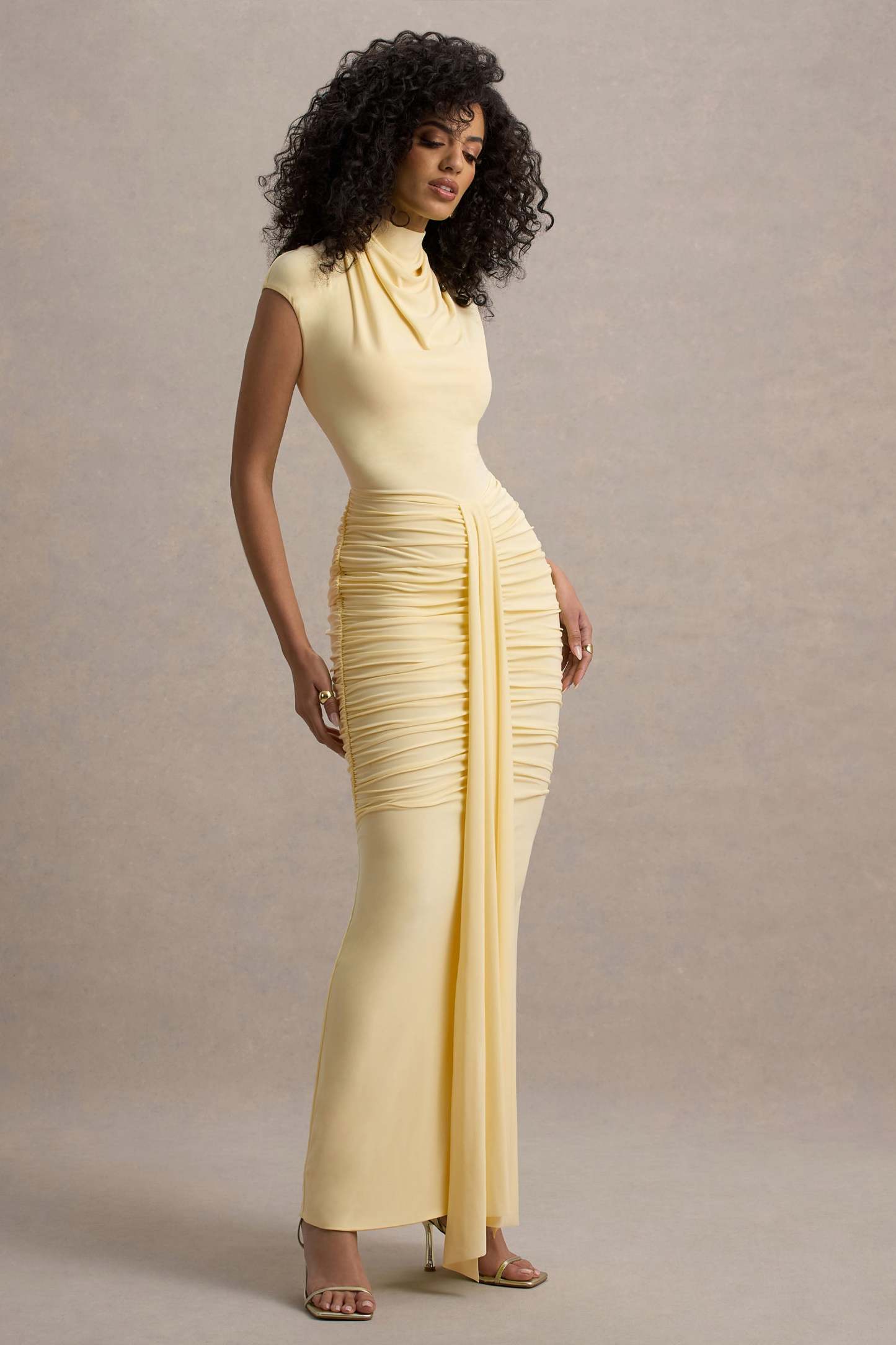 Lemon High-Neck Ruched Maxi Dress With Draped Skirt