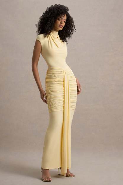 Lemon High-Neck Ruched Maxi Dress With Draped Skirt