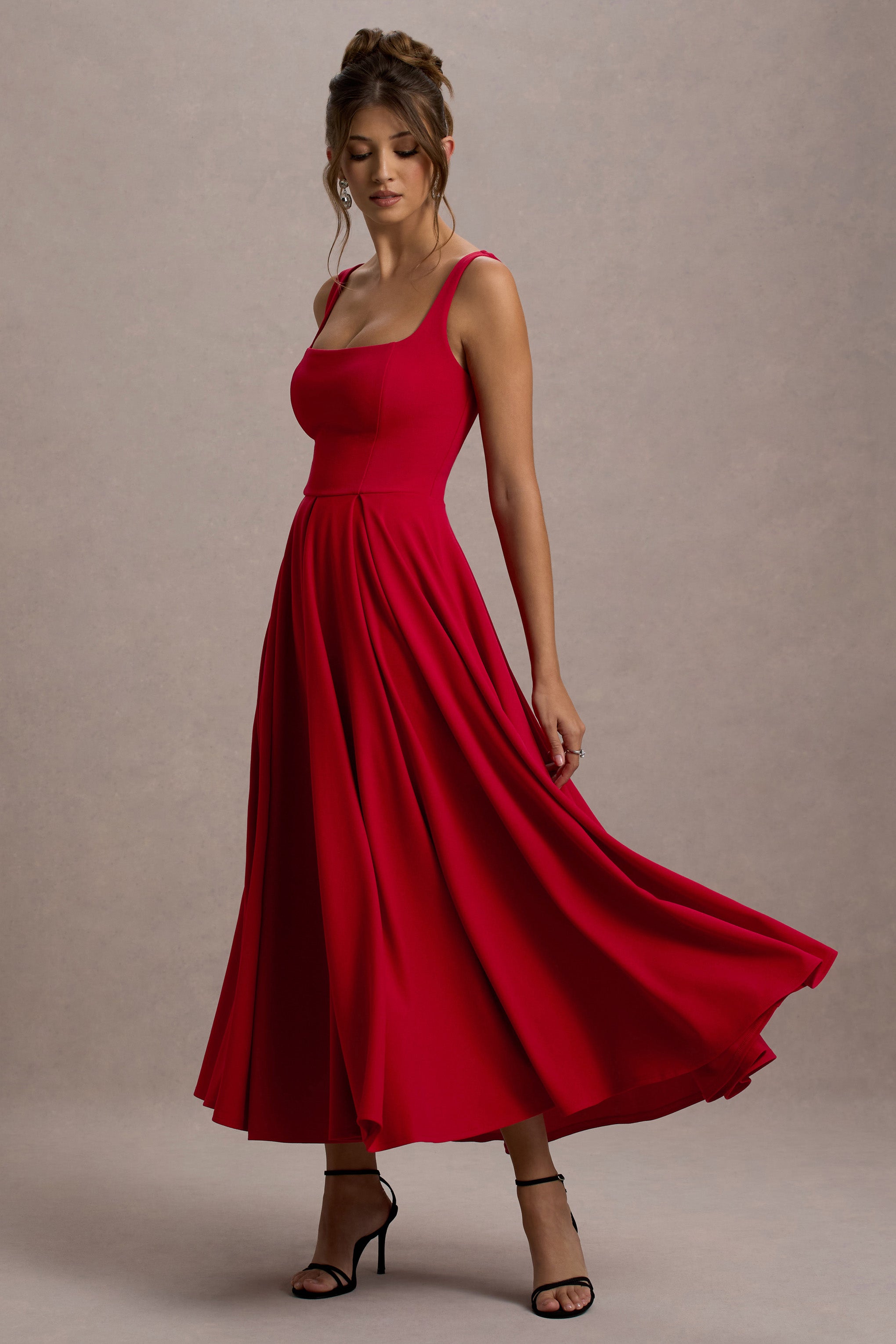 Red Strappy Volume-Hem Midi Dress