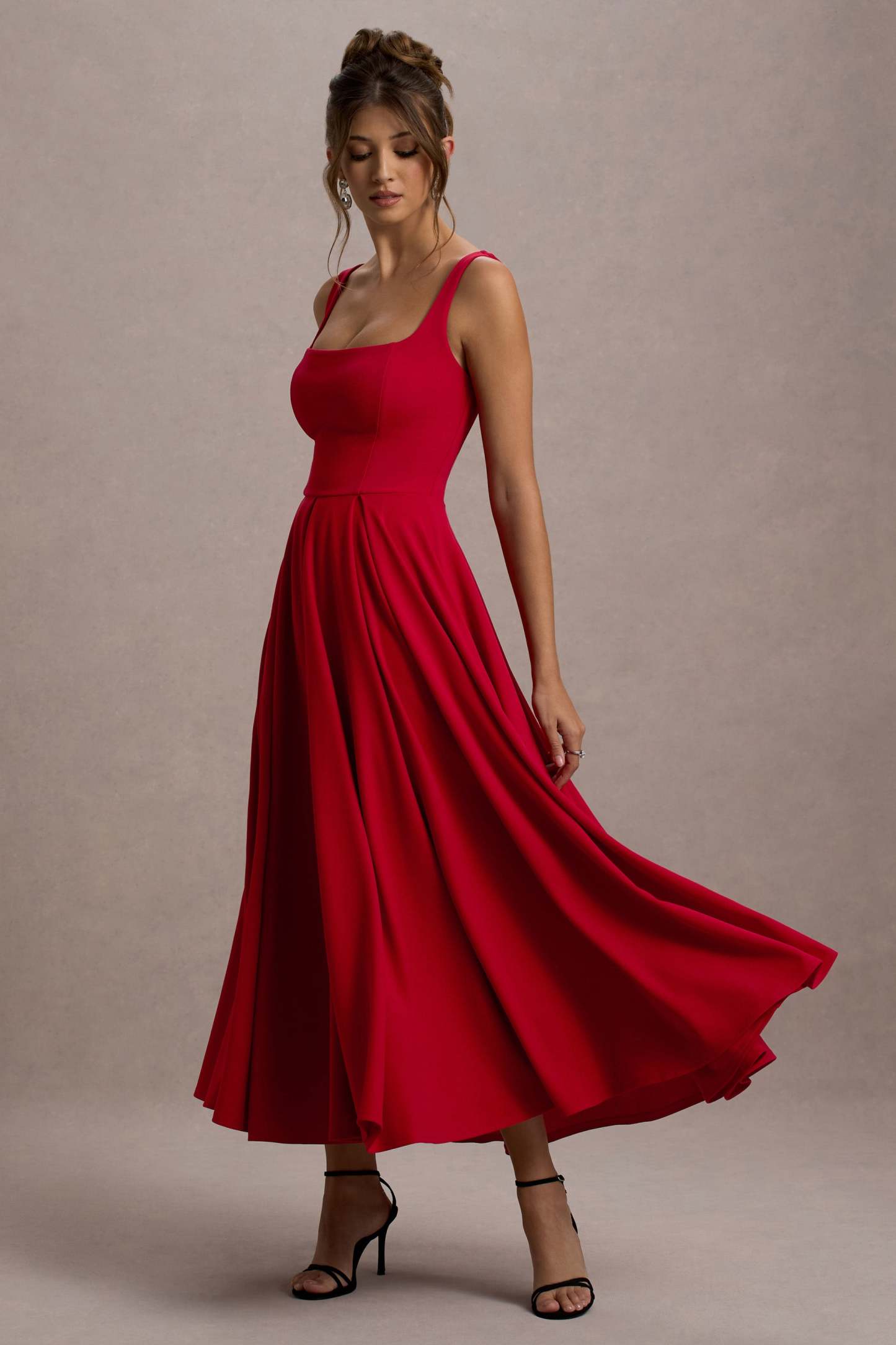 Red Strappy Volume-Hem Midi Dress