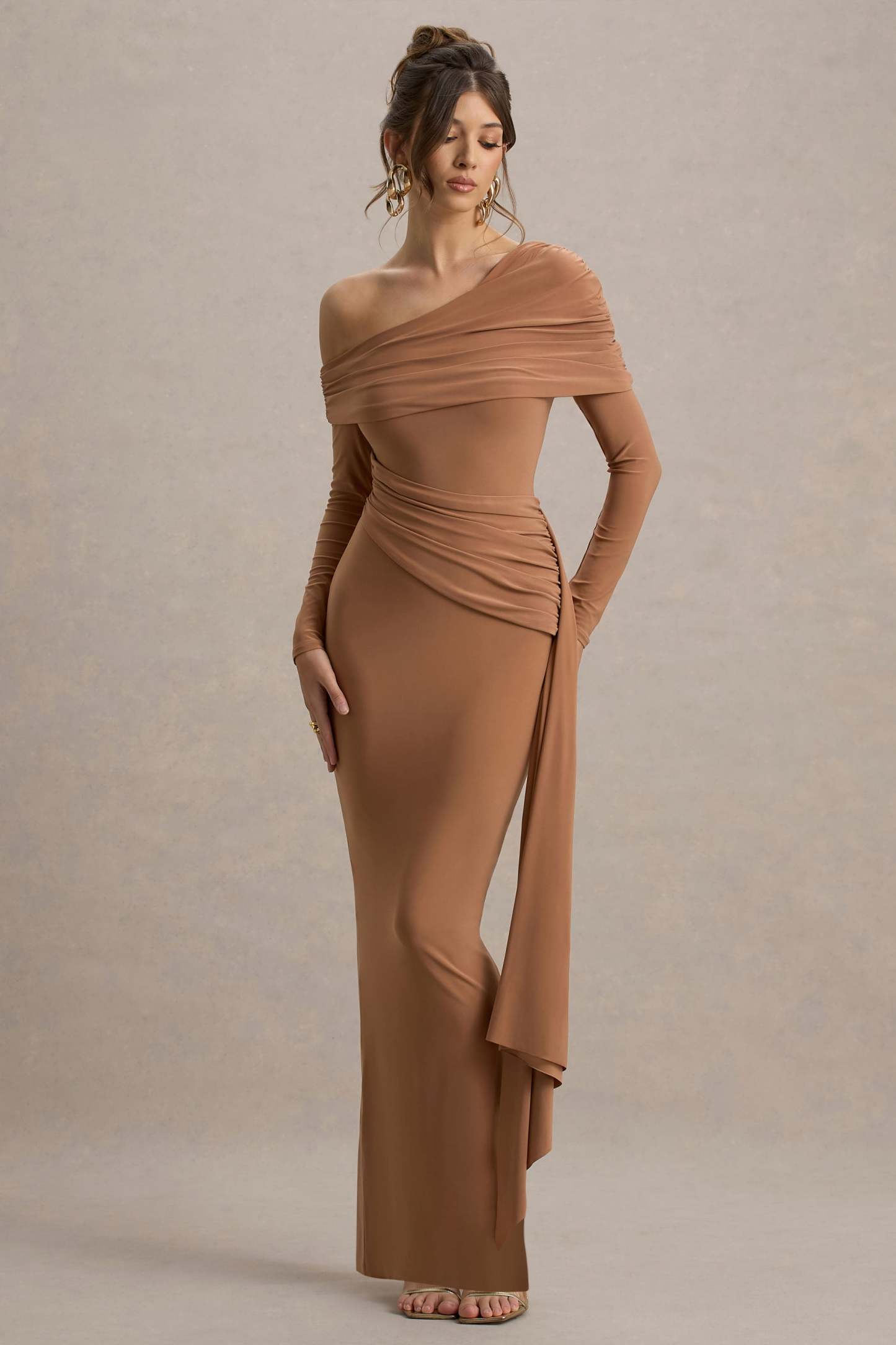 Brown Ruched Asymmetric Maxi Dress With Drape