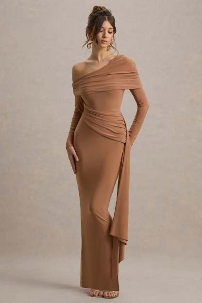 Brown Ruched Asymmetric Maxi Dress With Drape
