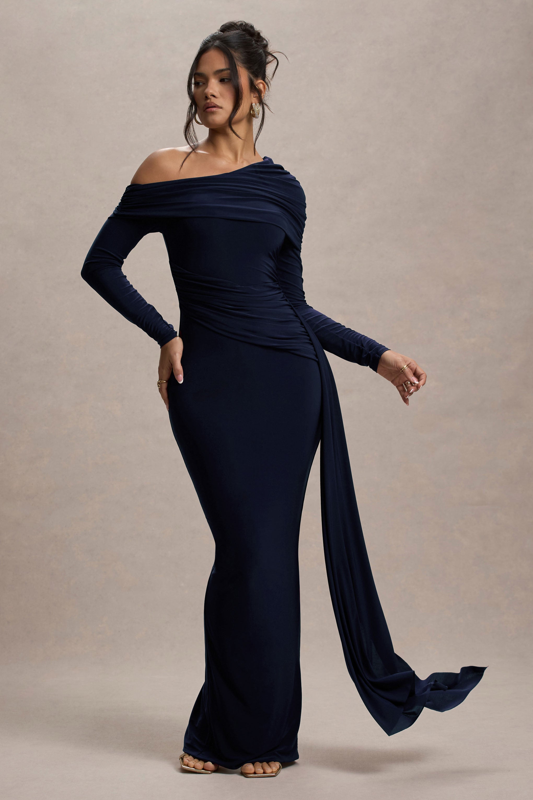 Navy Ruched Asymmetric Maxi Dress With Drape