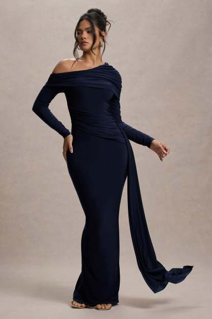 Navy Ruched Asymmetric Maxi Dress With Drape