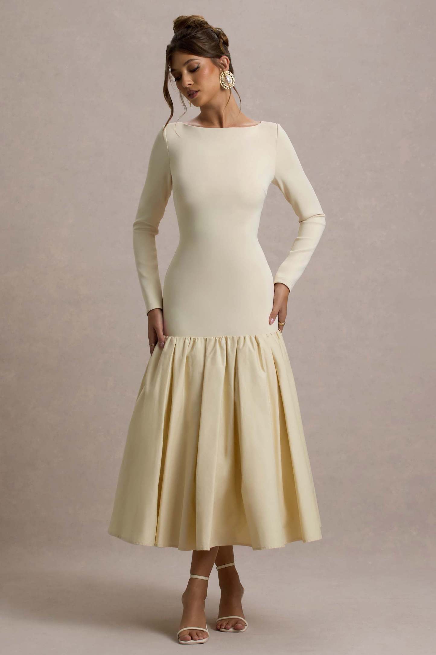 Perpetua Cream Drop-Waist Midi Dress With Volume Skirt